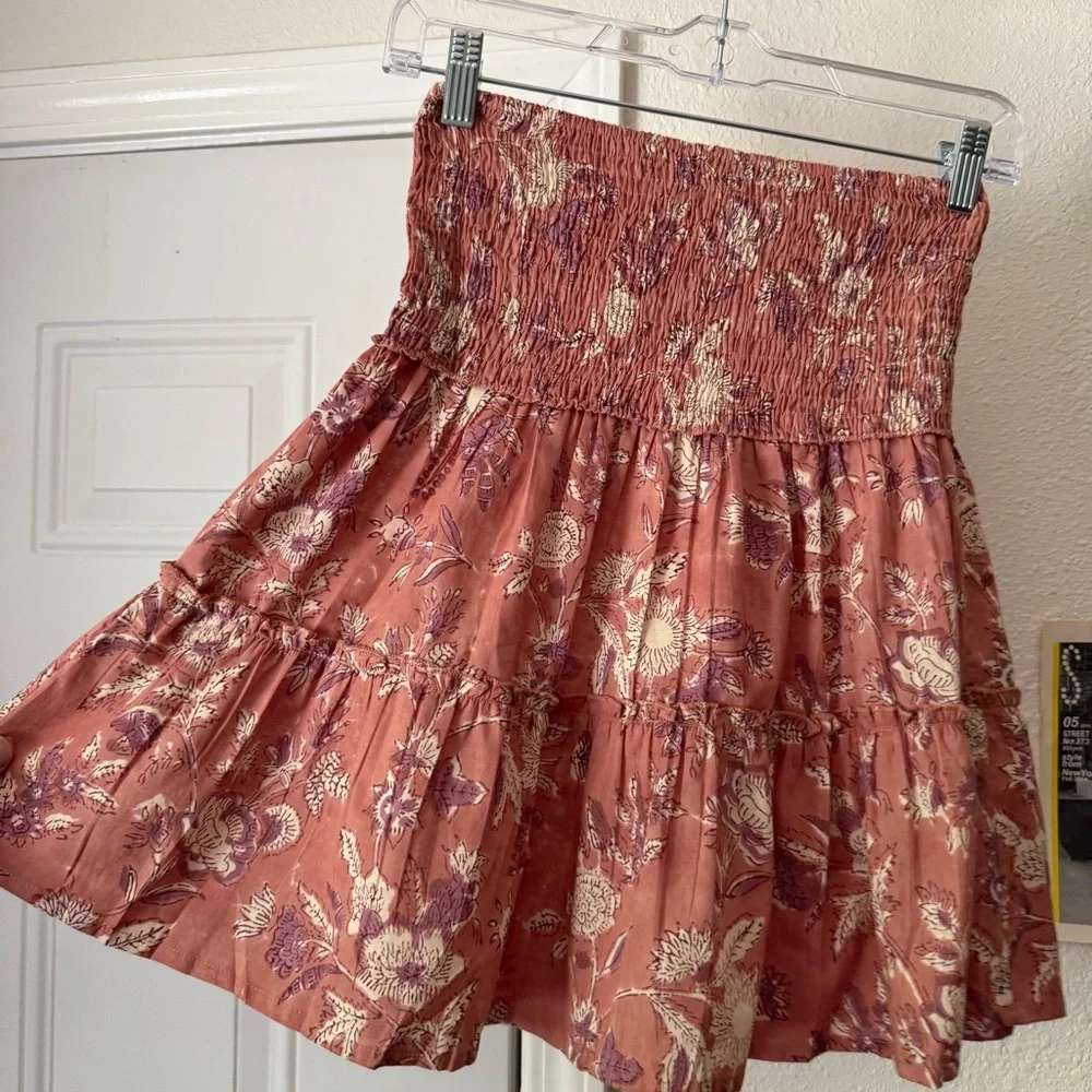 NWT PERRY WALKER pink floral cotton smocked tiered mini skirt - Picture 3 of 6